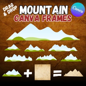 May include: Graphic featuring mountain-shaped Canva frames in various sizes, with a light blue sky and green base. The text "MOUNTAIN CANVA FRAMES" is displayed in a bold, distressed font. The words "Drag & Drop" are also visible. A Canva logo is in the upper right corner.