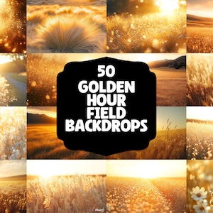 May include: A collage of 50 golden hour field backdrops. The images feature a variety of fields, including wheat fields, flower fields, and grassy fields. The sun is shining brightly in each image, creating a warm and inviting atmosphere. The images are perfect for use as backgrounds in digital art, photography, or design projects.