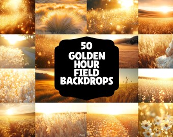 May include: A collage of 50 golden hour field backdrops. The images feature a variety of fields, including wheat fields, flower fields, and grassy fields. The sun is shining brightly in each image, creating a warm and inviting atmosphere. The images are perfect for use as backgrounds in digital art, photography, or design projects.