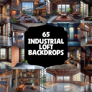 May include: A collection of 65 industrial loft backdrops, featuring various spaces with exposed brick walls, large windows, and high ceilings. The backdrops are perfect for photographers and videographers looking for a unique and industrial aesthetic.