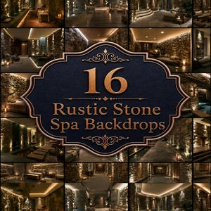 May include: A collection of 16 digital images featuring rustic stone spa interiors with warm ambient lighting, stone walls, and lounge areas. The central dark blue emblem displays the text 16 Rustic Stone Spa Backdrops in copper lettering.