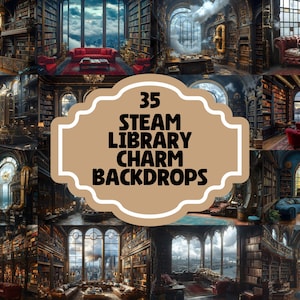 35 Steampunk Library Charm Backdrops | Vintage Study | Steampunk Bookshelves | Gothic Reading Nook | Digital Backgrounds