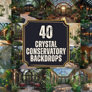 40 Crystal Conservatory Backdrops, Fantasy Glasshouse Garden Digital Background, Magical Ornate Solarium Photo Booth Prop, Lush Plant Scene