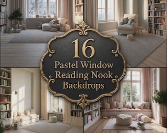 Pastel Reading Nook Digital Backdrops, Cozy Library Window Photography Backdrop, Aesthetic Bookcase Room Portrait Backgrounds