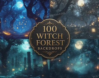Witch Forest Digital Backdrops, Enchanted Dark Magical Woods Photo Overlays, Mystical Glowing Forest Digital Background Bundle