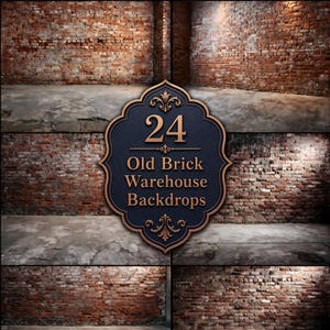 May include: A collection of 24 old brick warehouse backdrops featuring various red brick wall textures and concrete floor surfaces. A central dark blue decorative plaque displays the text 24 Old Brick Warehouse Backdrops in gold lettering.