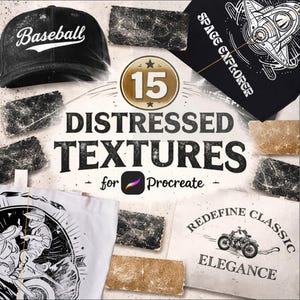 May include: A collection of distressed textures for Procreate, including a black baseball cap with "Baseball" text, a black t-shirt with a space explorer graphic, and other designs. The image includes the text "15 Distressed Textures".