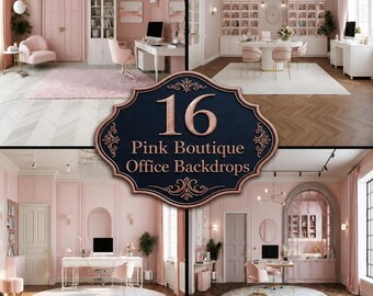 Pink Office Digital Backdrops, Chic Boutique Salon Workspace, Elegant Feminine Studio Interior Backgrounds for Photography