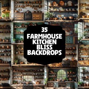 May include: A collage of 35 images showcasing farmhouse kitchen backdrops. Each image features rustic wooden shelves filled with copper pots, pans, and other kitchenware. The shelves are adorned with greenery and plants, creating a warm and inviting atmosphere.