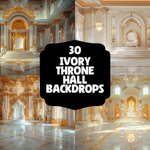 Puede incluir: Un conjunto de 30 fondos de sala del trono de marfil. Los fondos presentan un gran trono adornado en una gran sala con acentos dorados y paredes blancas. Los fondos son perfectos para crear un ambiente real y elegante para sesiones de fotos o eventos.