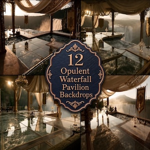 Puede incluir: Una colección de 12 fondos digitales que muestran un opulento pabellón de cascada con suelo de cristal, telas drapeadas y pilares ornamentados. El emblema azul oscuro central muestra el texto 12 Opulent Waterfall Pavilion Backdrops.