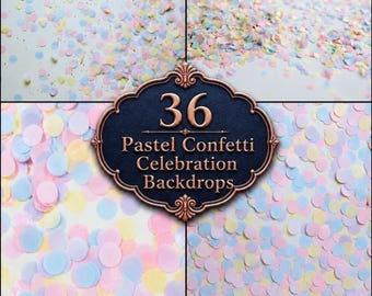 Pastel Confetti Digital Backdrops, Celebration Party Photography Backgrounds for Birthday Portraits and Cake Smash