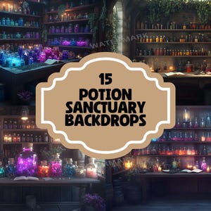 May include: A collection of 15 potion sanctuary backdrops featuring shelves filled with glowing glass bottles of various colours and sizes. The backdrops are perfect for creating magical and fantasy scenes.