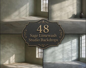 Sage Limewash Studio Digital Backdrops, Minimalist Green Textured Wall Photography Background, Window Light Portrait Studio Scenes