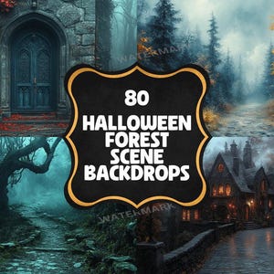 May include: A collection of 80 Halloween forest scene backdrops featuring four distinct images: a stone doorway with red vines, a misty forest path, a dark wooded trail, and a lit house at night, all centered around a black sign with white text.