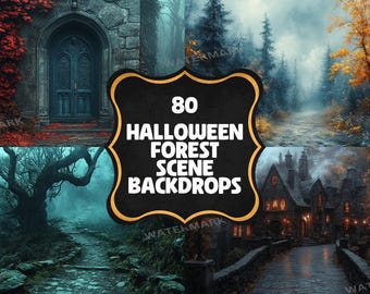 Halloween Forest Photography Backdrops Bundle, Spooky Autumn Digital Backgrounds, Pumpkin Woods, Haunted Forest Photo Backdrops