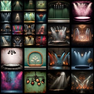 May include: A collage of images depicting various stage settings with spotlights, chandeliers, and curtains. The scenes vary in color, from green and blue to red and orange, with different stage designs and lighting arrangements.