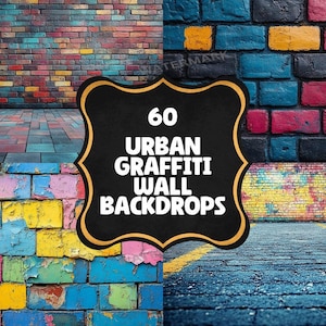 May include: A set of 60 urban graffiti wall backdrops. The backdrops feature a variety of colourful brick walls with graffiti art. The backdrops are perfect for photographers and videographers who want to create unique and edgy content.