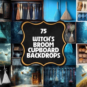 Puede incluir: Un collage de imágenes con varios fondos de escobas de brujas. Las imágenes muestran escobas en diferentes entornos, incluyendo una pared azul, un armario de madera y una escena submarina mística. El texto dice "75 Witch's Broom Cupboard Backdrops."