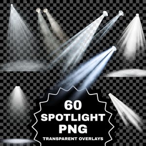 Puede incluir: Una colección de efectos de haz de luz blanca sobre un fondo transparente, con varios ángulos e intensidades de rayos de luz. La imagen incluye una insignia negra con el texto blanco 60 SPOTLIGHT PNG TRANSPARENT OVERLAYS.