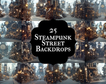 Fondos digitales de calles Steampunk, ciudad victoriana, fantasía mecánica (PNG)