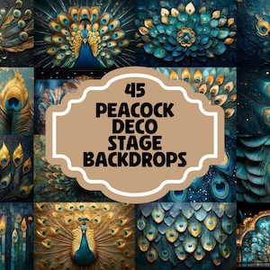 45 Art Deco Peacock Stage Backdrops | Gold & Teal Digital Backgrounds (Instant Download)