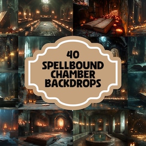 Könnte beinhalten: Eine Sammlung von 40 digitalen Hintergründen, die eine magische, verzauberte Kammer mit leuchtenden Kerzen, einem offenen Buch und einem Steinboden zeigen. Die Hintergründe sind perfekt für Fantasy-, Mittelalter- oder magische Projekte.