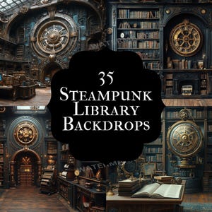 Puede incluir: Imagen compuesta que muestra 35 fondos de biblioteca steampunk. Las escenas presentan interiores detallados con estanterías, relojes y elementos mecánicos. El texto "35 Steampunk Library Backdrops" se muestra en un marco negro.