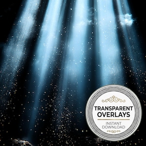 May include: A digital graphic featuring bright blue light beams descending through a dark, starry atmosphere with scattered particles. A circular badge in the corner displays the text TRANSPARENT OVERLAYS INSTANT DOWNLOAD.
