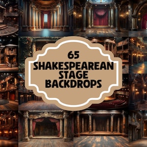 May include: A collage of 65 images depicting various Shakespearean stage backdrops. The images feature different architectural styles, including ornate columns, arches, and balconies. The backdrops are designed to create a sense of grandeur and historical authenticity for theatrical productions.