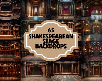 May include: A collage of 65 images depicting various Shakespearean stage backdrops. The images feature different architectural styles, including ornate columns, arches, and balconies. The backdrops are designed to create a sense of grandeur and historical authenticity for theatrical productions.