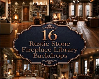 Cozy Library Digital Backdrops, Rustic Stone Fireplace Study Photography Backgrounds, Elegant Moody Office Interior, Portrait Studio, JPG
