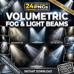 Puede incluir: Una colección digital de 24 superposiciones PNG de alta calidad de niebla volumétrica y haces de luz para Photoshop. El gráfico muestra varios rayos de luz blanca y efectos de niebla sobre fondos oscuros con el texto Volumetric Fog & Light Beams.