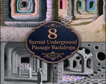 Surreal Underground Passage Digital Backdrops, Fantasy Cave and Abstract Archway Portrait Backgrounds, Dreamlike Tunnel JPGs