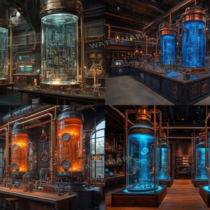 Puede incluir: Una escena de laboratorio de inspiración steampunk con grandes tanques cilíndricos de vidrio con estructuras internas y luces brillantes. Los tanques están encerrados en accesorios de cobre y latón, con tuberías e indicadores. La estética general es una mezcla de ciencia y diseño industrial.