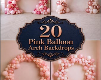 Pink Balloon Arch Digital Backdrops, Pastel Balloon Garland Photography Backgrounds, Birthday Portrait Baby Shower Cake Smash Photo Studio