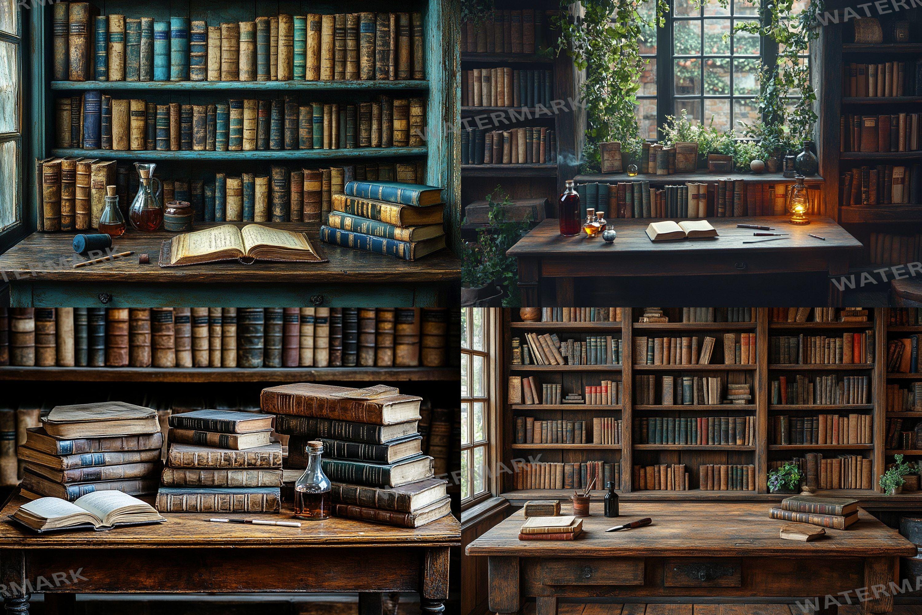 Rustic Library Table Rustic Library Desk Backdrops, Vintage Bookcase Interior (35 Pngs) - Etsy