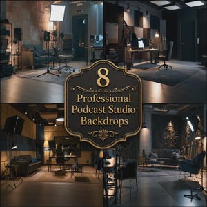 May include: A digital collection of 8 professional podcast studio backdrops featuring various interior setups with recording equipment, studio lighting, sofas, desks, and chairs, presented with a central decorative label reading 8 Professional Podcast Studio Backdrops.