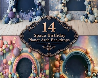 Space Birthday Digital Backdrops, Pastel Planet Arch Photography Backgrounds, Galaxy Balloon Garland, Celestial Stars Cake Smash, 14 JPGs