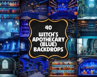 40 Blue Witch Apothecary Digital Backdrops, Spooky Potion Room Backgrounds, Magical Library Fantasy Backdrops