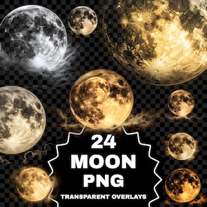 Op de afbeelding: Een digitale collectie van 24 transparante maan PNG-overlays met diverse maanfasen en texturen in tinten wit, zilver en gloeiend goud, weergegeven tegen een donkere schaakbordachtergrond met de tekst 24 MOON PNG.