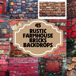 Könnte beinhalten: Eine Collage aus 45 rustikalen Backstein-Hintergründen im Landhausstil. Die Bilder zeigen verschiedene Backsteintexturen und -farben, darunter Rot, Braun und Grau. Einige der Steine sind verwittert und haben einen abgenutzten Look. Die Bilder eignen sich perfekt als Hintergrund für digitale Kunst, Fotografie oder Designprojekte.