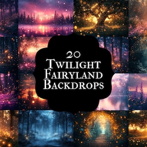 May include: A collection of 20 Twilight Fairyland Backdrops. The images depict various fantasy forest scenes with glowing lights, trees, and water. The color palette includes shades of purple, orange, and blue, creating a magical atmosphere.