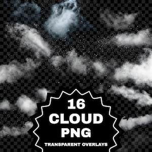 Op de afbeelding: Een verzameling van 16 transparante witte wolk PNG-overlays met diverse ijle en dichte wolkformaties verspreid over een donkere schaakbordachtergrond met de tekst 16 CLOUD PNG TRANSPARENT OVERLAYS in het wit afgedrukt.