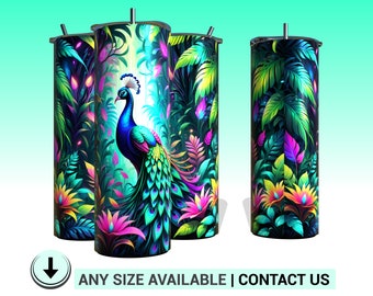 HD-PNG | 'Neon Plumage: Jungle Majesty' | Glowing Peacock | Sublimation Design | 20oz Tumbler | Any Size Available | Message Us!