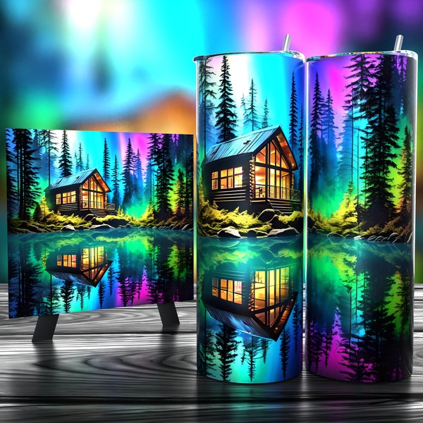 Stunning Water Color Landscape With Cabin - Tumbler Wrap 20oz - Sublimation Design - HD PNG Digital Art