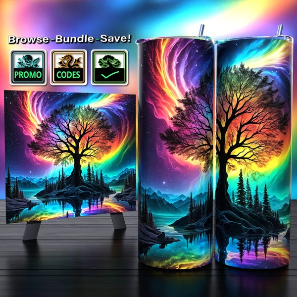 Bunte Nordlicht-Auroras & Baum des Lebens - Tumbler Wrap 20oz - Sublimationsdesign - HD PNG Digital Art