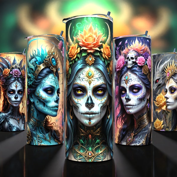 5-Pack Bundle - Reverent Rest: The Respectful Repose - Sugar Skull Tumbler Wraps 20oz - Sublimation - Day of the Dead - Dia De Los Muertos