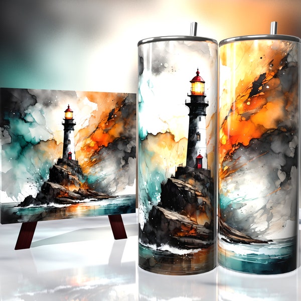 Stunning Alcohol Ink Lighthouse - Tumbler Wrap 20oz - Sublimation Design - HD PNG Digital Art