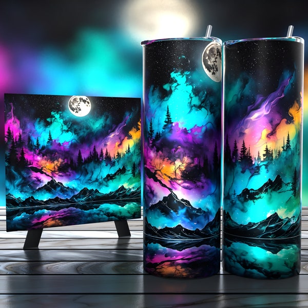 Stunning Moonlit Starry Lake Landscape - Tumbler Wrap 20oz - Sublimation Design - HD PNG Digital Art